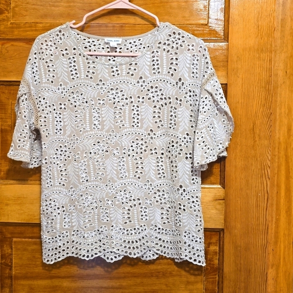 Tribal Jeans Tops - Tribal Jeans Short Sleeve Tan Eyelet Top XS